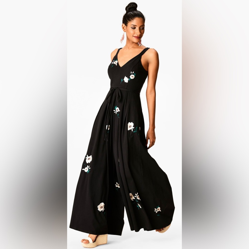Wayward Fancies Floral Embroidered Cotton Knit Jumpsuit